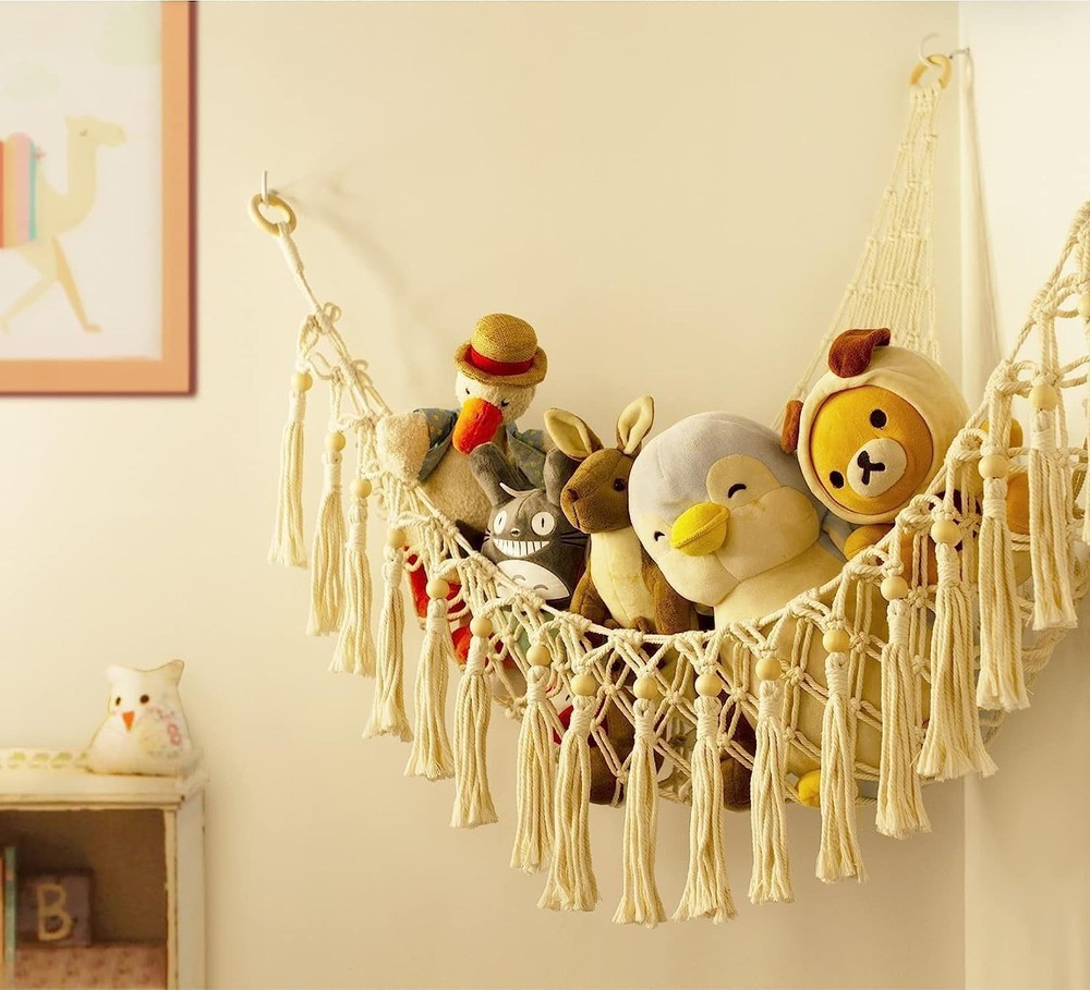 Handmade Macrame Stuffed Animal Hammock with Lights - Corner Storage Solution