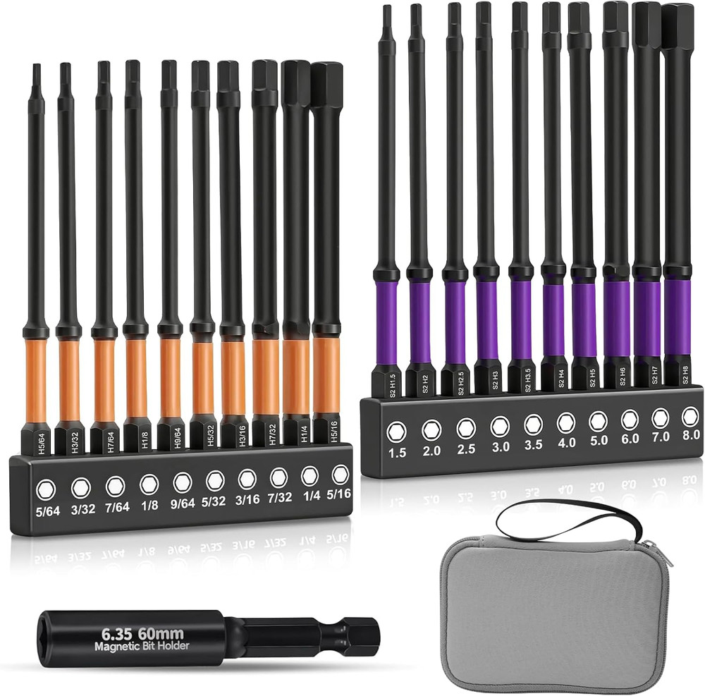 Allen Wrench Drill Bit Set with Extension Socket - 20pcs 4" Long Hex Bits (Me...