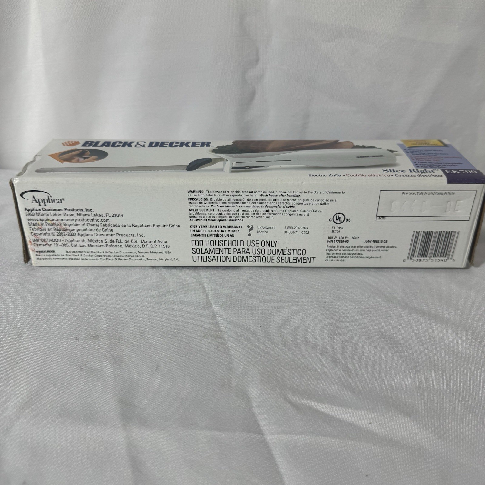 Black & Decker Electric Knife Slice Right EK700 Non Slip Grip Corded Open Box