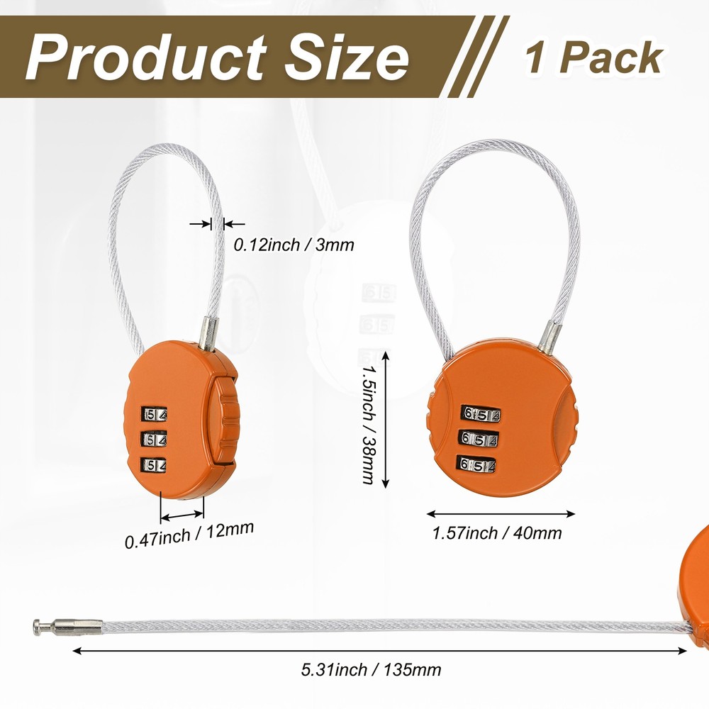 1-Pack Combination Padlock, 3 Digit Round Shaped Cable Luggage Lock [Orange]