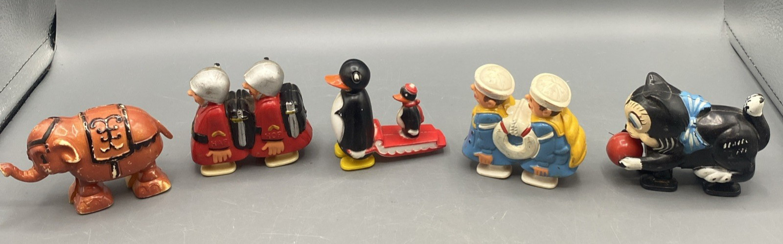 Vintage 1960’s Marx Ramp Walker Lot Of 5 Penguins/Sailors/Soldiers/Cat