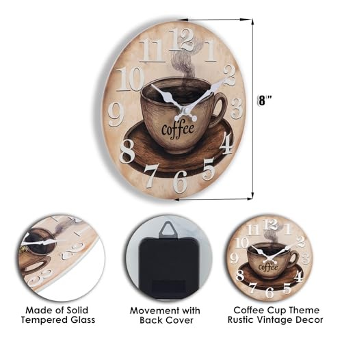Kitchen Wall Clock Coffee Cup Theme Rustic Modern Farmhouse Decor 8" Brown