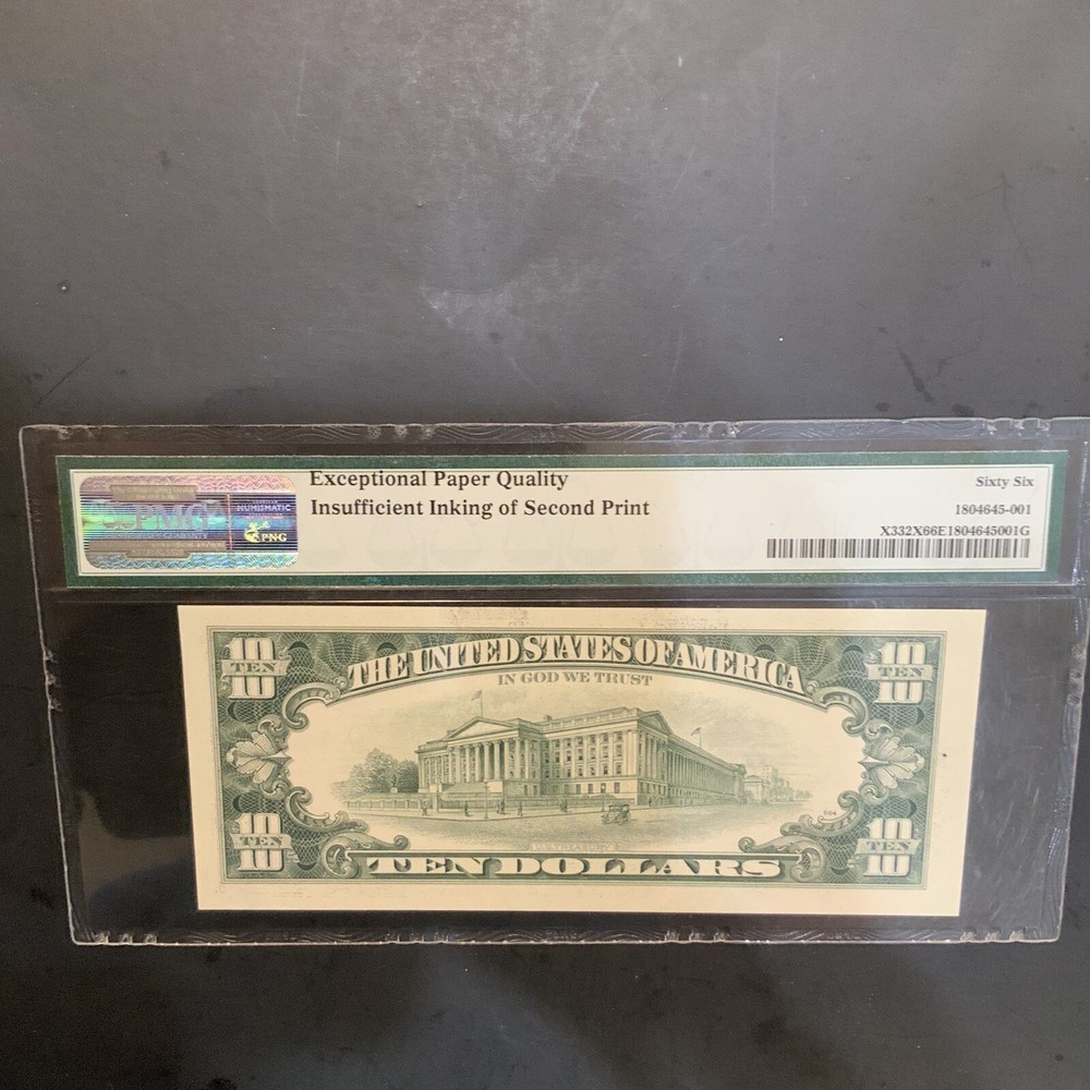 $10.00Fed Res Note.FR#Unk .Error Note,Insufficient Ink Error.PMG 66 Epq