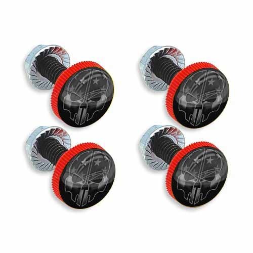 4 RED MOTORCYCLE KNURLED PLATE FRAME TAG HARDWARE |  GHOST USA FLAG SPLIT SKULL