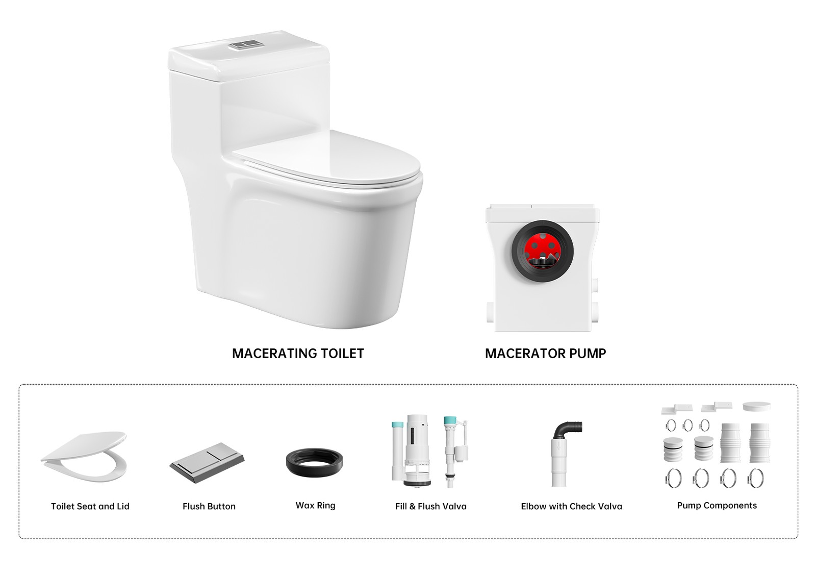600W One Piece Macerating Toilet System Upflush Toilet w/ 3 Inlets for Basement