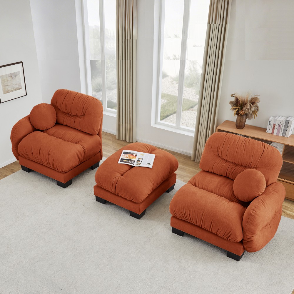 Orange L-Shape Sectional Sofa w/ Ottoman & Throw Pillows, Modular Chenille Couch