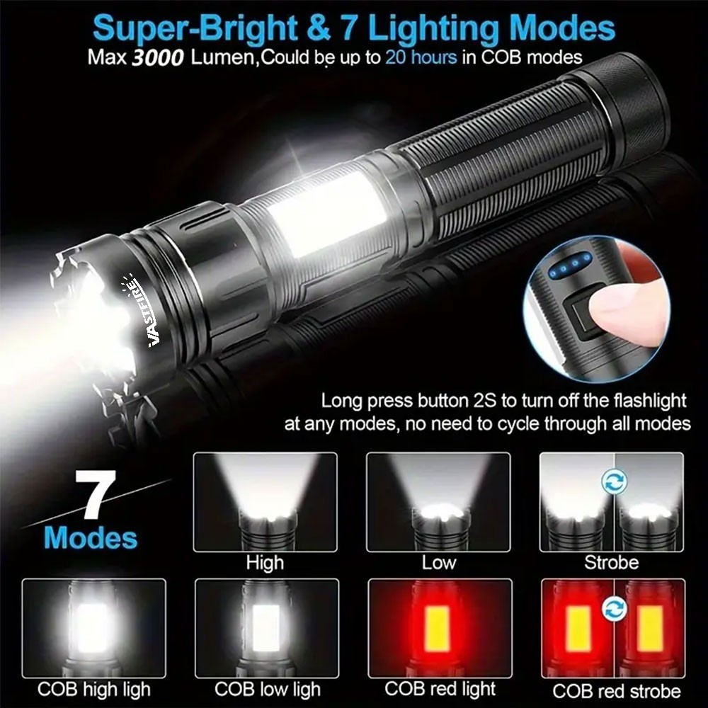 2PCS 20W LED Torch Zoomable Flashlight USB Rechargeable COB Soft White/Red Light