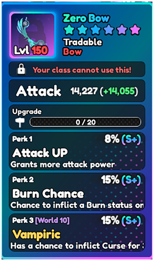 World Zero WZ - ZERO BOW - LVL 150 - S+ PERKS