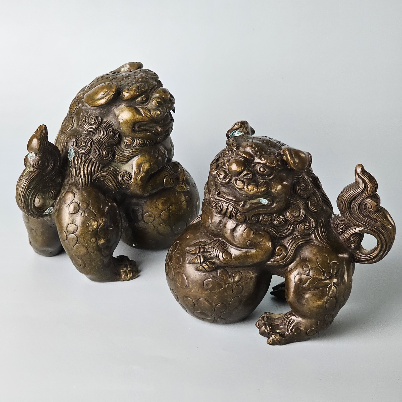 Vintage Asian Mythical Fu Foo Dog Guardian Lions Bronze Sculpture Marked
