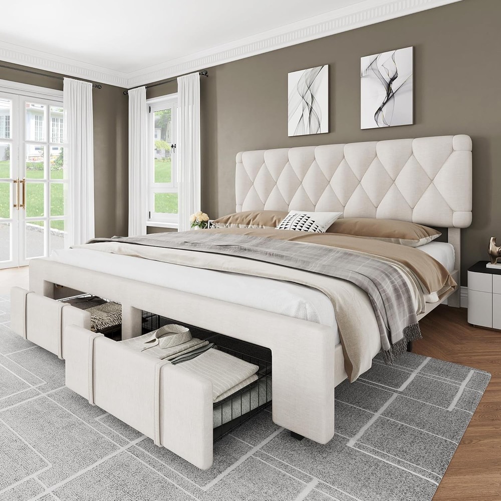 Queen Size Bed Frame, Upholstered Platform Bed Frame with 2 Storage Drawers