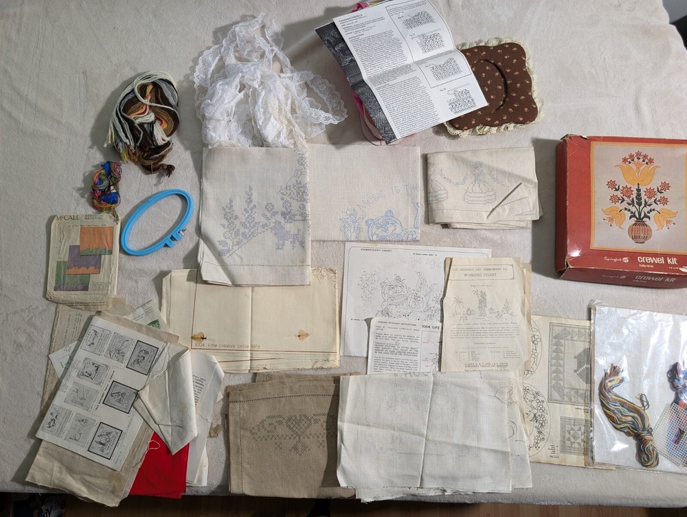 Needlework Crafts Crewel 12+ Patterns Lace Mats Some Have Stains