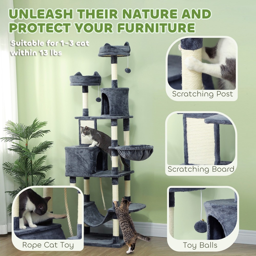 81" Cat Tree w/ Cat Scratching Posts, Scratching Board, Condos, Beds