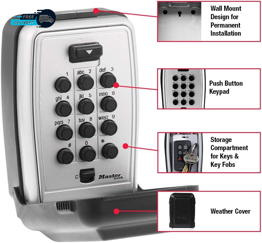 Black Wall Mount Key Lock Box with Push Button Code for Listings, Outdoor Key