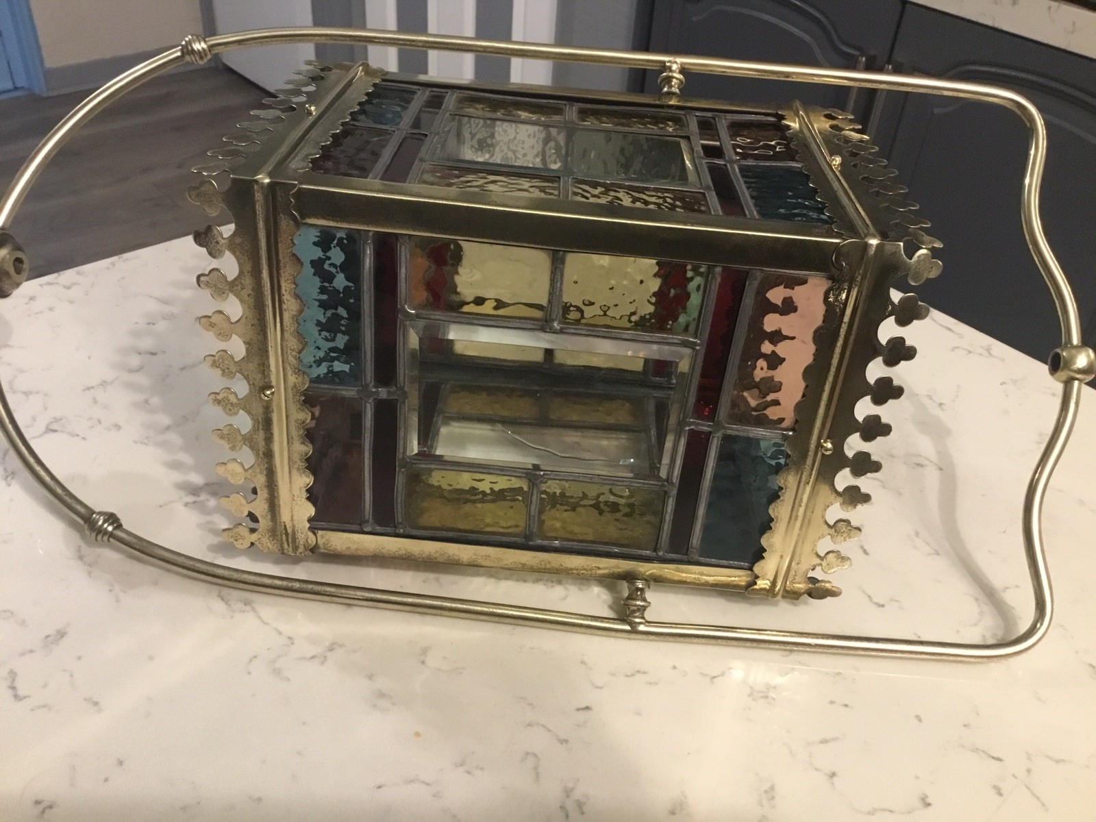 A BEAUTIFUL ANTIQUE BRASS & STAINED GLASS HALL LANTERN ,circa-1870.