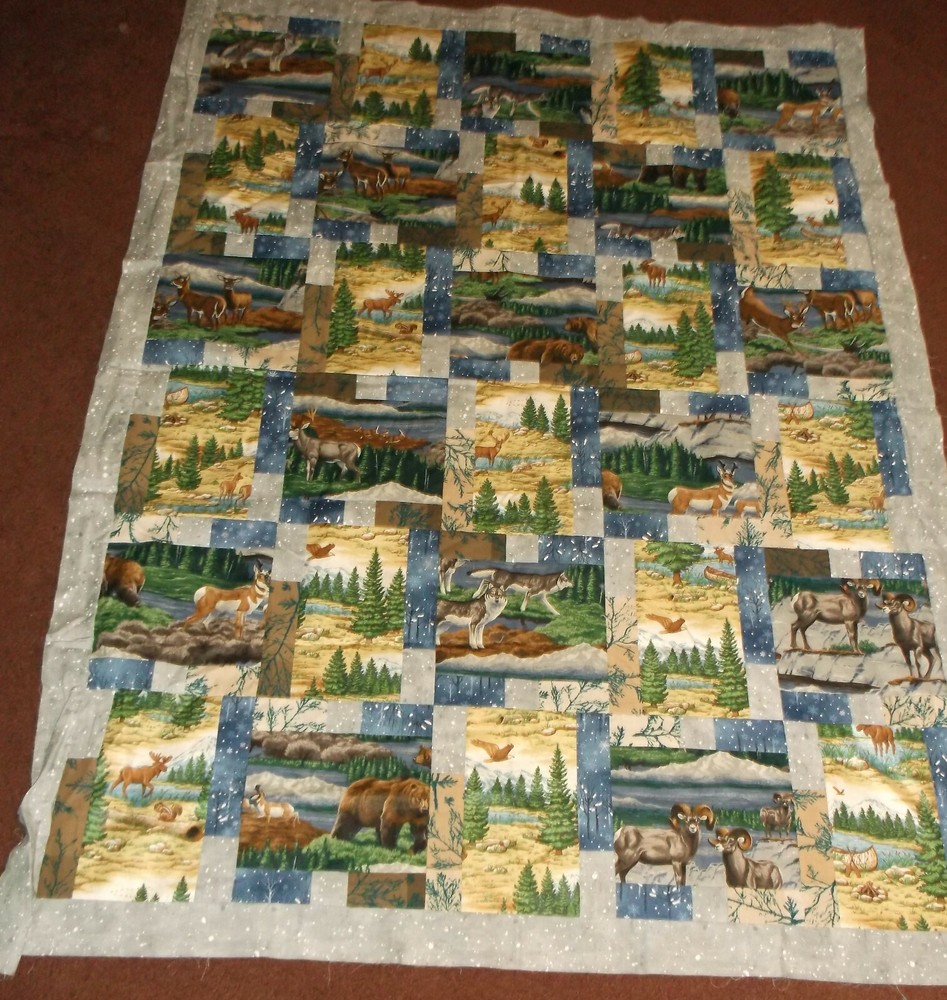 WILDLIFE QUILT TOP binding handcrafted patchwork 54 x 70 new wolf bear moose