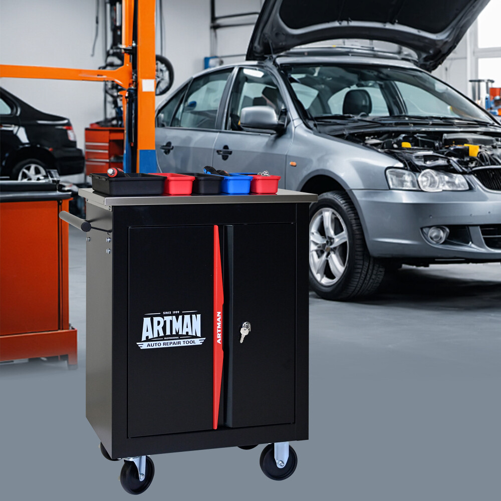 Double-Door Clapboard Multi-Function Tool Cart with Metal Back Panel & Wheels