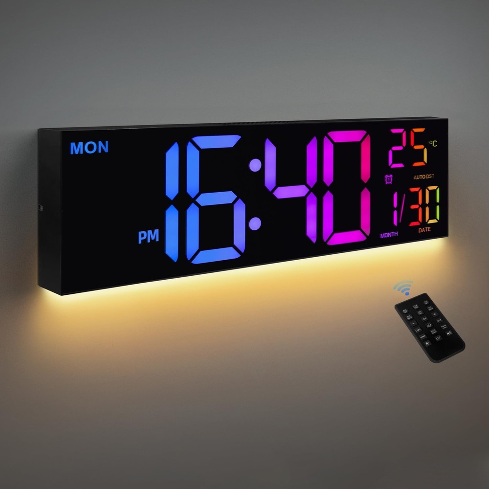 8 Colors Digital Wall Clock, 16.2" Large Digital Clock with Temperature, Date...