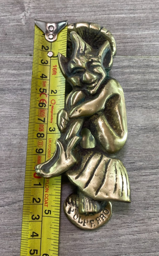 antique Solid Brass Pixie Impish Elf Leprechaun Mushroom Door Knocker polperro