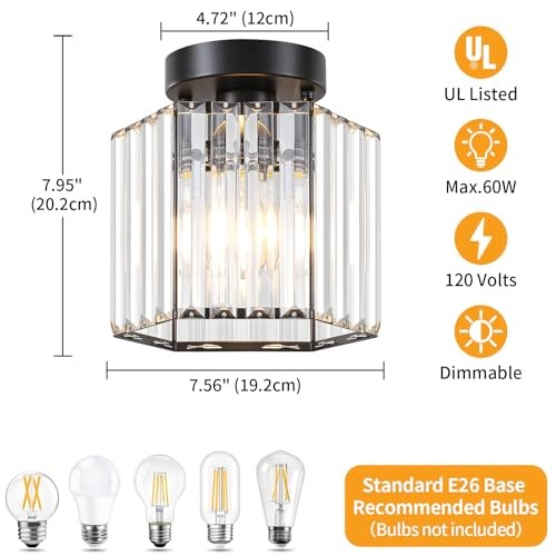 2 Pack Crystal Semi Flush Mount Ceiling Light, Hallway Light 1-Light Black