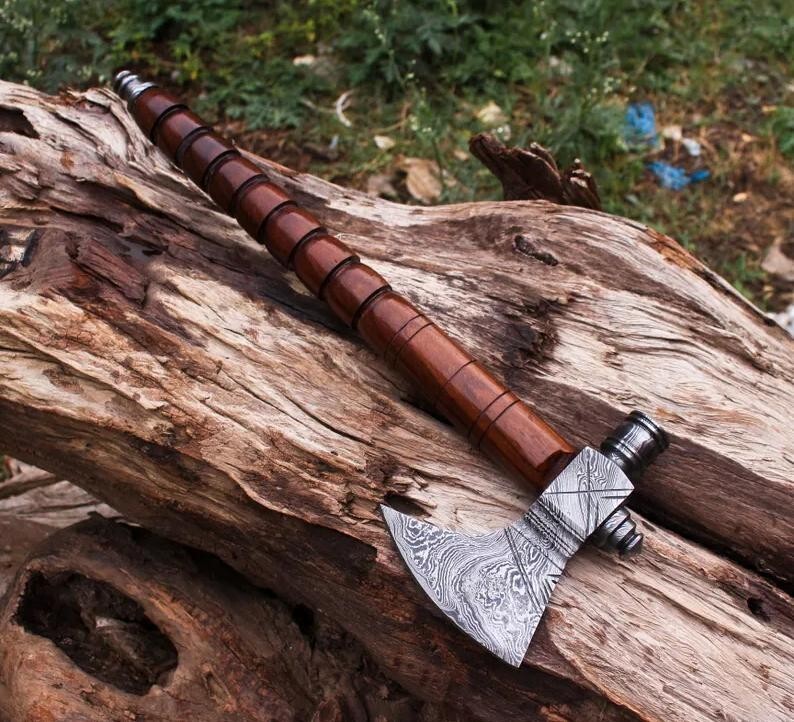 Custom Handmade Forged Damascus Blade Pipe Axe Tomahawk Hatchet Integral Axe