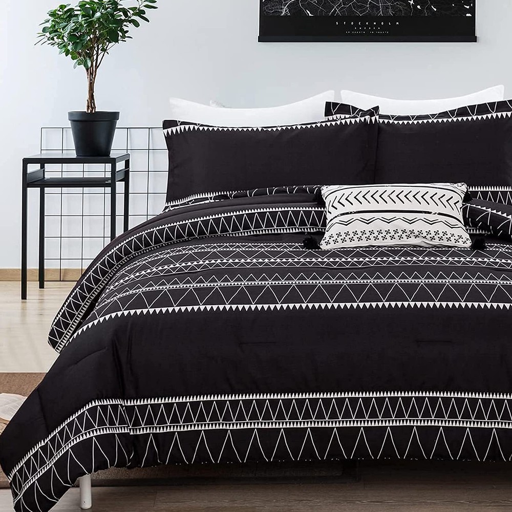 Black Comforter Set King Size 104"x 90" Reversible Boho Striped Bedding Set f...