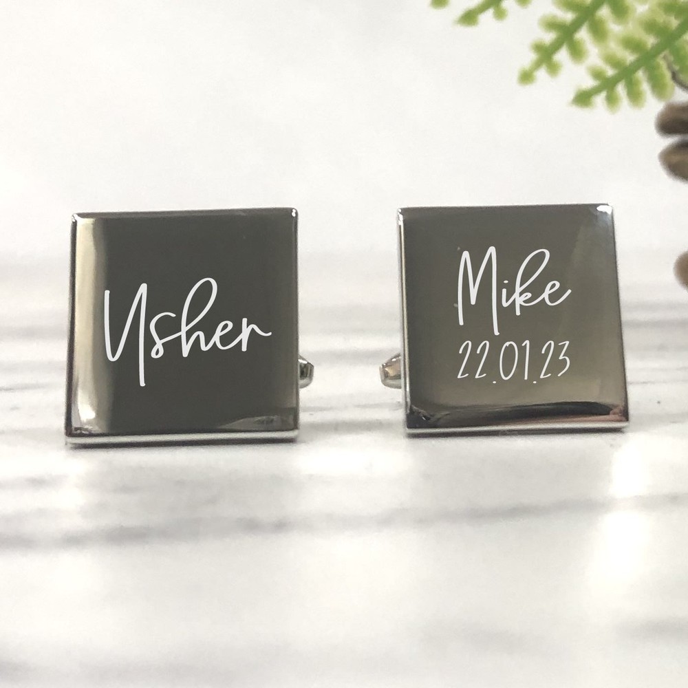 Silver Square Engraved Personalised Usher Wedding Cufflinks