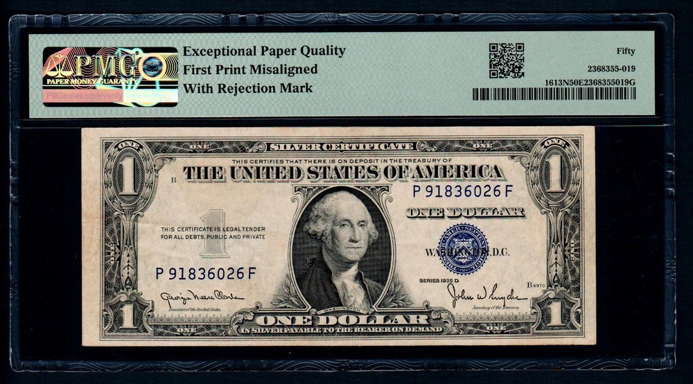 1935D $1 Silver Certificate Misalignment Error PMG About Uncirculated 50 EPQ