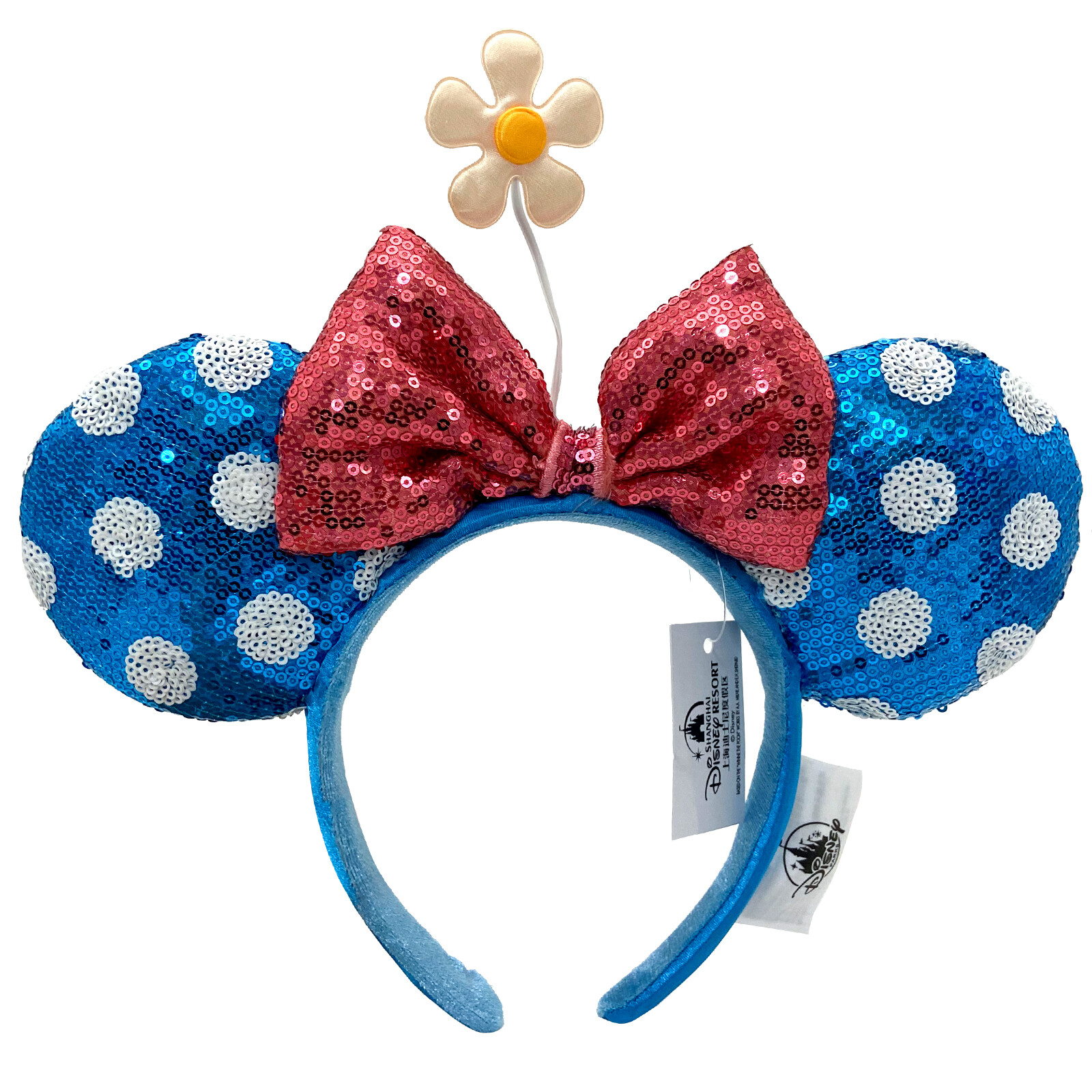 Disney Parks White polka dot blue Minnie Ears Bow Sequin Little Flower Headband