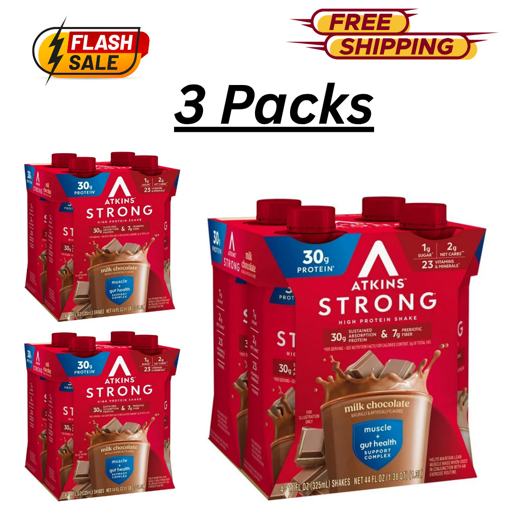(3 Pack of 4 count) Atkins Strong High Protein Shake, Milk Chocolate, 30g