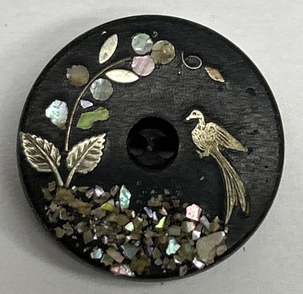 Vintage Sewing Button Phoenix With Flowers Inlay