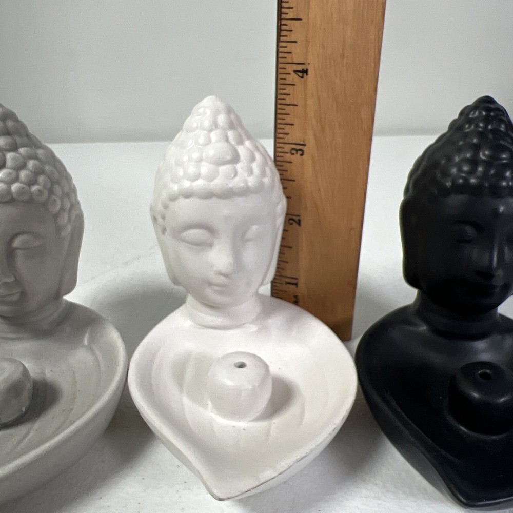 3 Ceramic Buddha Figures Incense Burner Holders White/Black/Gray