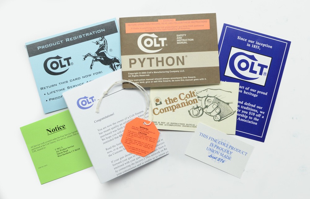 Colt Python Factory Paperwork Packet. 2003 Manual