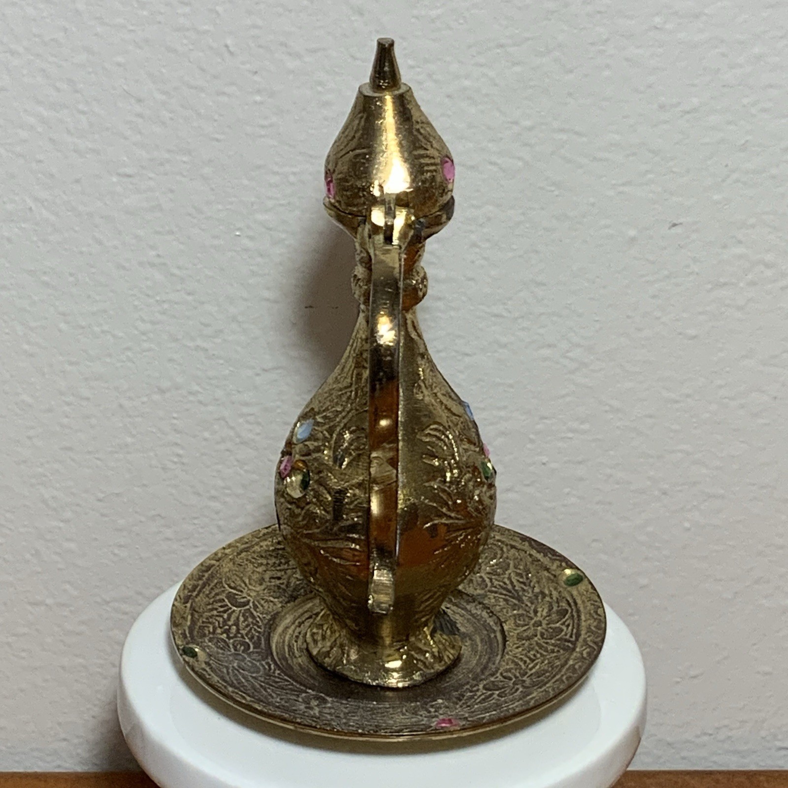 Vintage India Brass Mini Ewer Jeweled Saucer Broken Lid Middle Eastern Decor