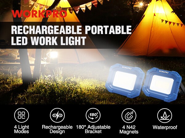 WORKPRO 2Pack Rechargeable 2000LM LED Work Light Magnetic Super Bright Worklight