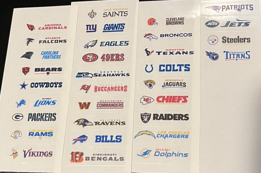 (32) Sports Card Dividers Sticker Labels with 32 NFL Team Logos Set