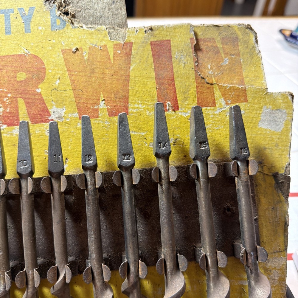 Vintage Irwin The Original Solid Center Auger Drill Bit Metal Display + 13 Bits