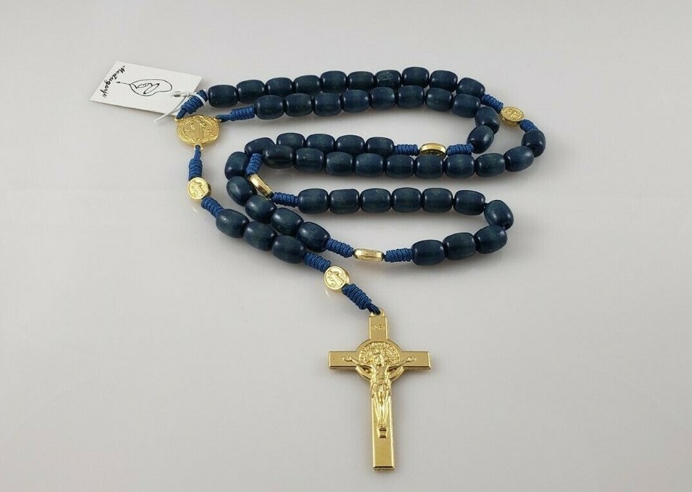 Medjugorje St Benedict BLUE Wooden Beads Catholic Rosary Handmade
