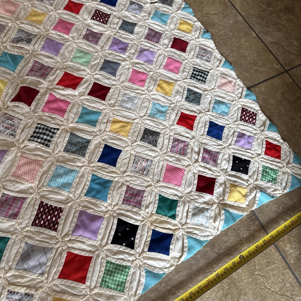 Vtg Cathedral Window Pattern Multicolored Quilt Handmade 80” X 49” Needs Work