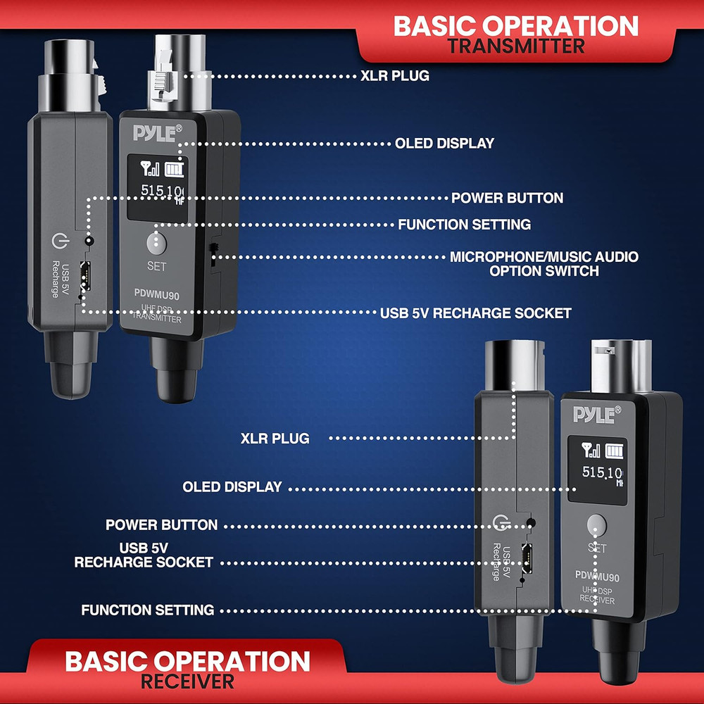 Multifunctional UHF Wireless XLR Adapter System,Transmitter and Receiver for Dyn