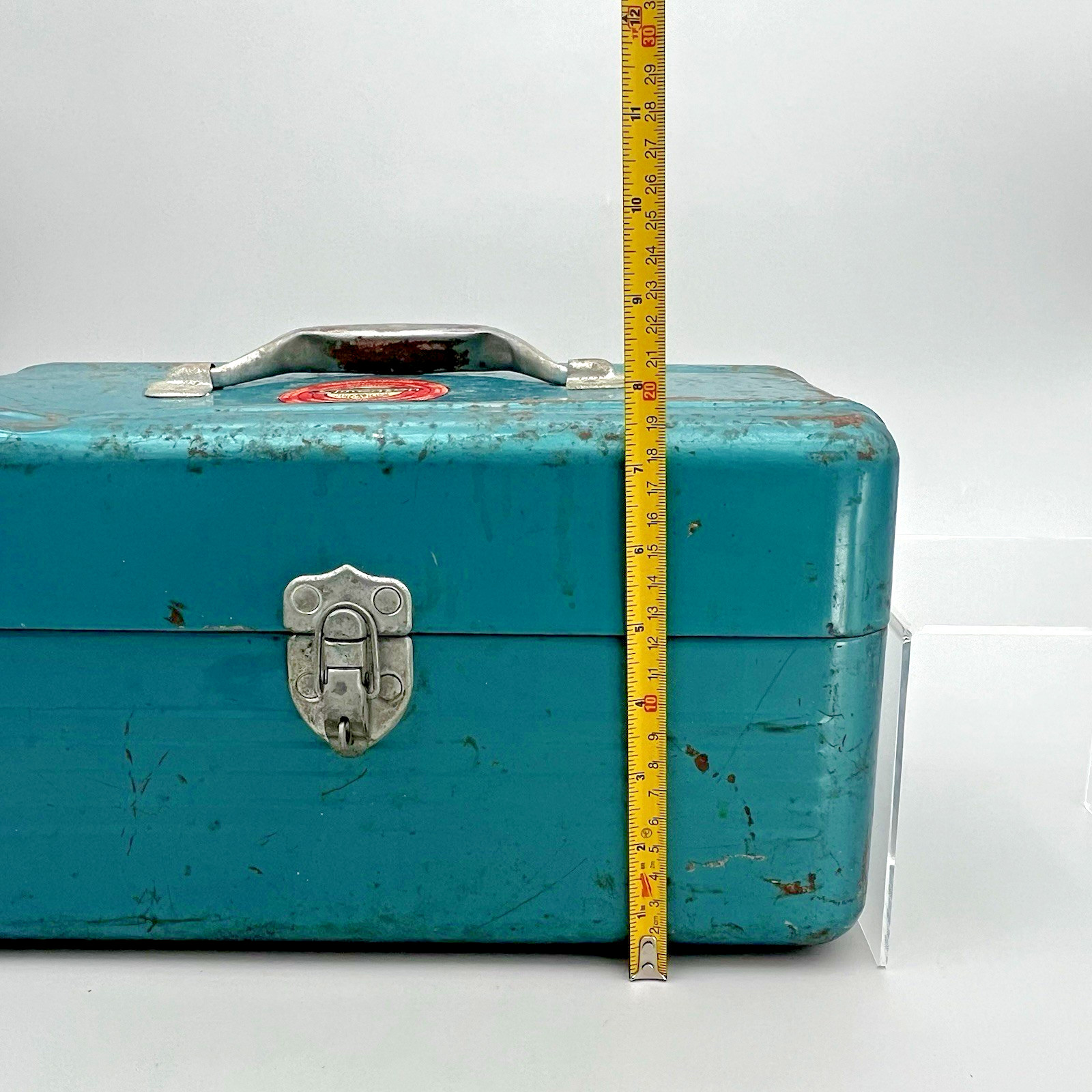 VTG Simonsen Green Teal Metal Tool Tackle Box 14" x 8" 2 Trays Industrial Patina