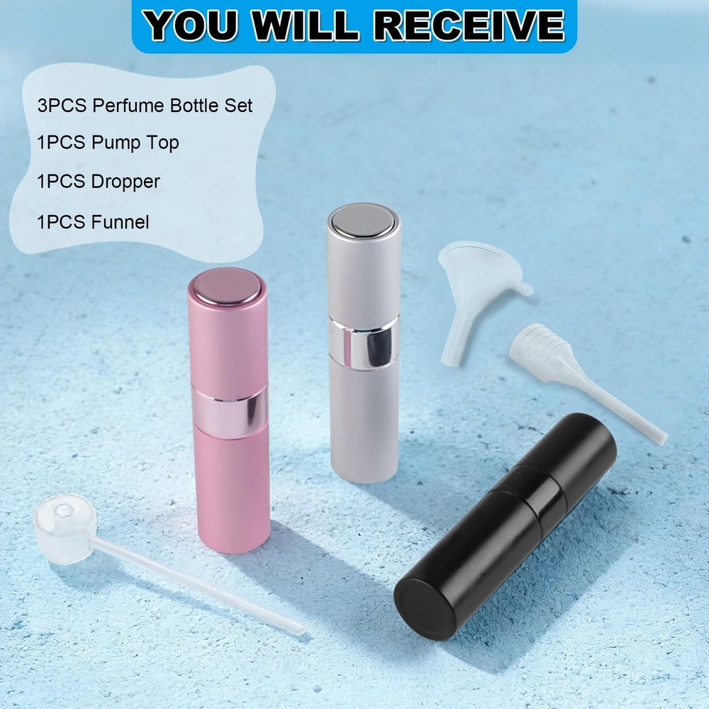 8ml Travel Perfume Atomizer Refillable Empty 3pc Portable Cologne Spray Bottle