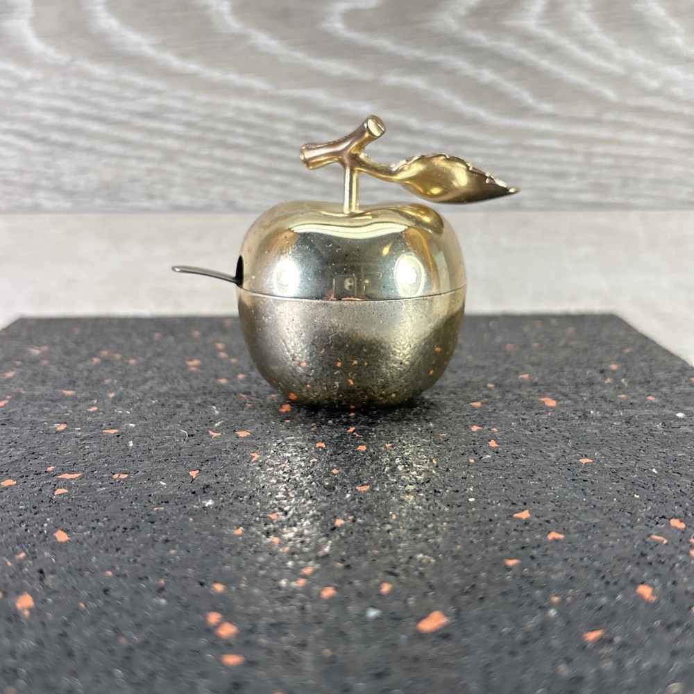 Vintage Silver Plate Apple for Sugar Or Salt Bowl With Spoon Condiment Jar