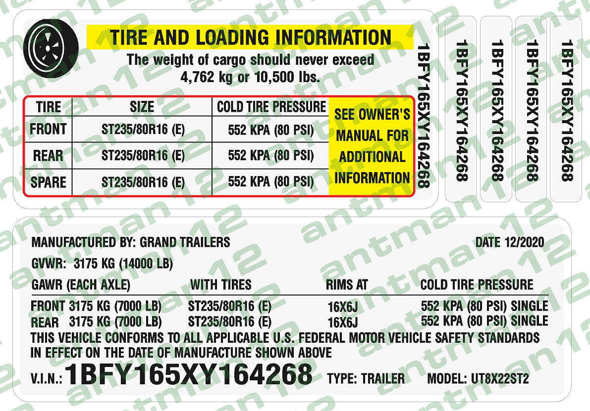 Trailer ID Vin Label and Tire Pressure Decal 3M Professional High Tack Vinyl