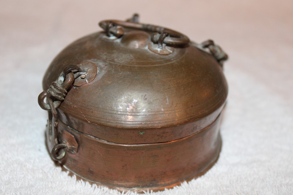 Antique  Islamic Valuables Copper Chained Lidded Box