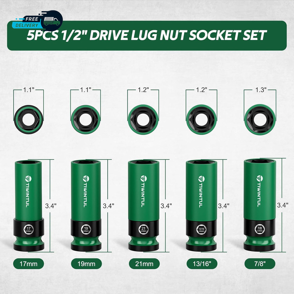 1/2" Wheel Protector Impact Socket Set 5Pcs Non-Marring Lug Nut Socket Set