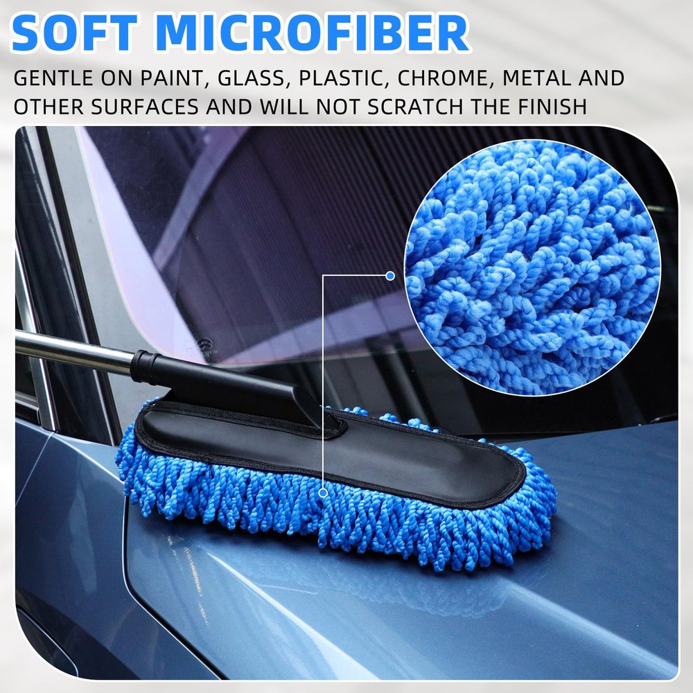2 Pack Microfiber Car Duster Exterior Scratch Free with Extendable Handle Blue