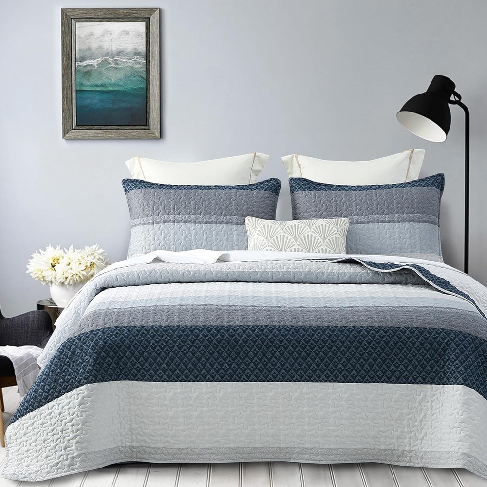 Striped Quilt Set King Size 3Pcs Blue & Navy Striped Patchwork Pattern All