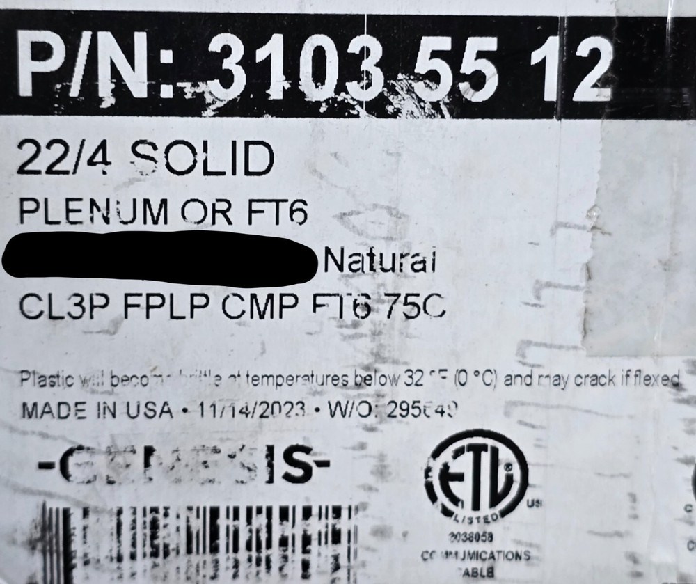 Honeywell Genesis 3103 22/4C Solid Security/Control Cable Plenum White /100ft