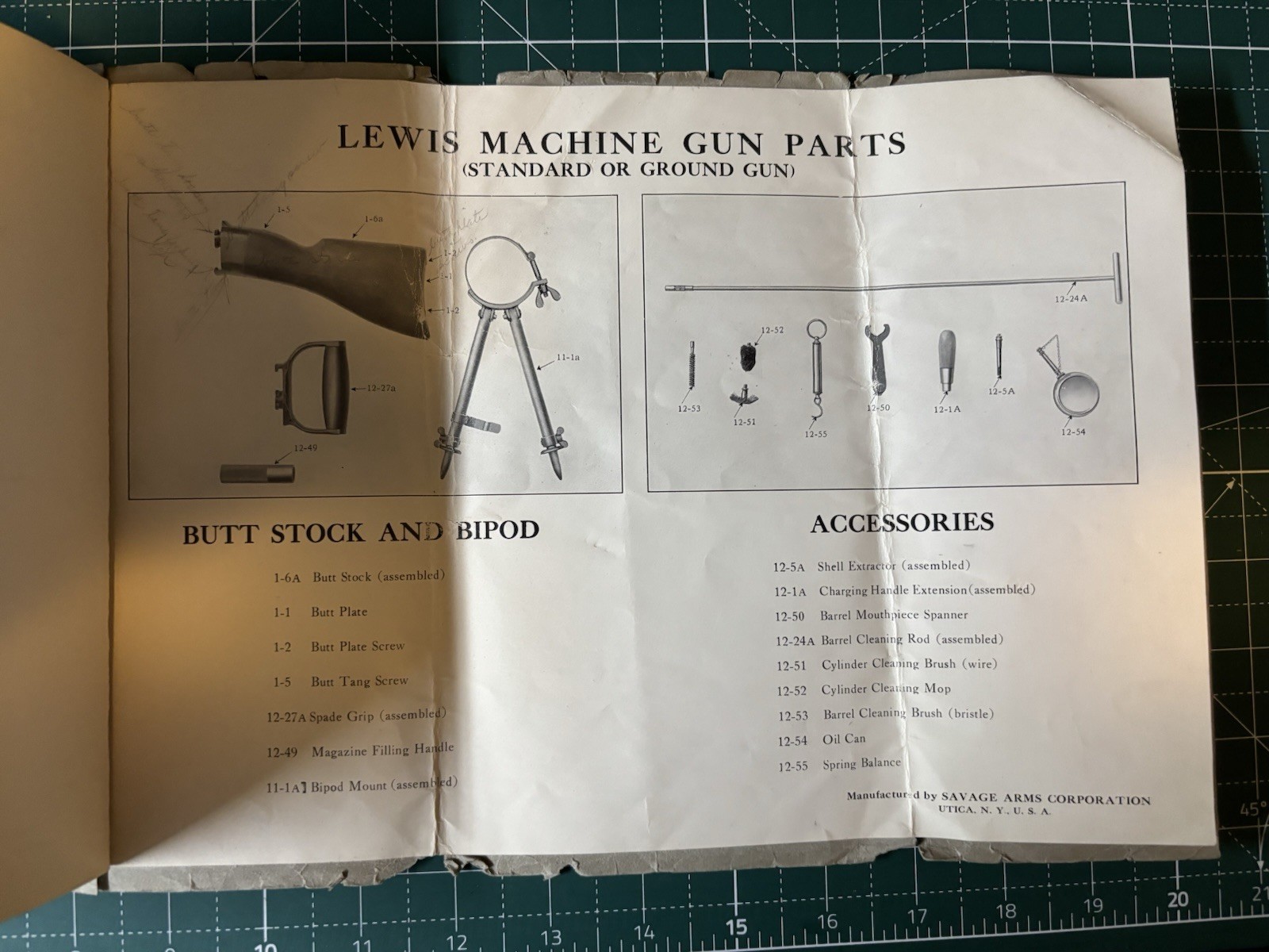 WW1 USMC Rare Lewis Machine Gun Parts Booklet (Named)
