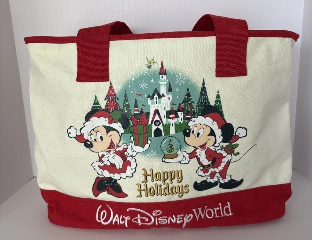 Disney Parks 2025 Christmas Canvas Tote Santa Mickey Minnie WDW Happy Holidays